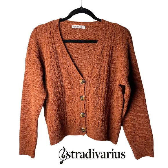 stradivarius Sweaters - Stradivarius Burnt Orange Button Up V Neck Long Sleeve Knit Sweater